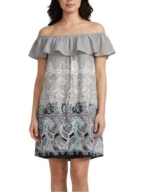 Express Black White Multi Paisley Off Shoulder Ruffle Top Boho Mini Dress XS